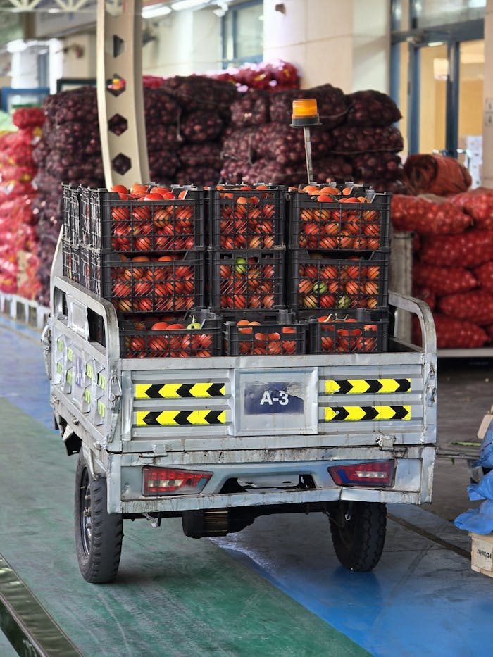 About A small truck loaded with fresh tomatoes at a bustling market in Dubai.